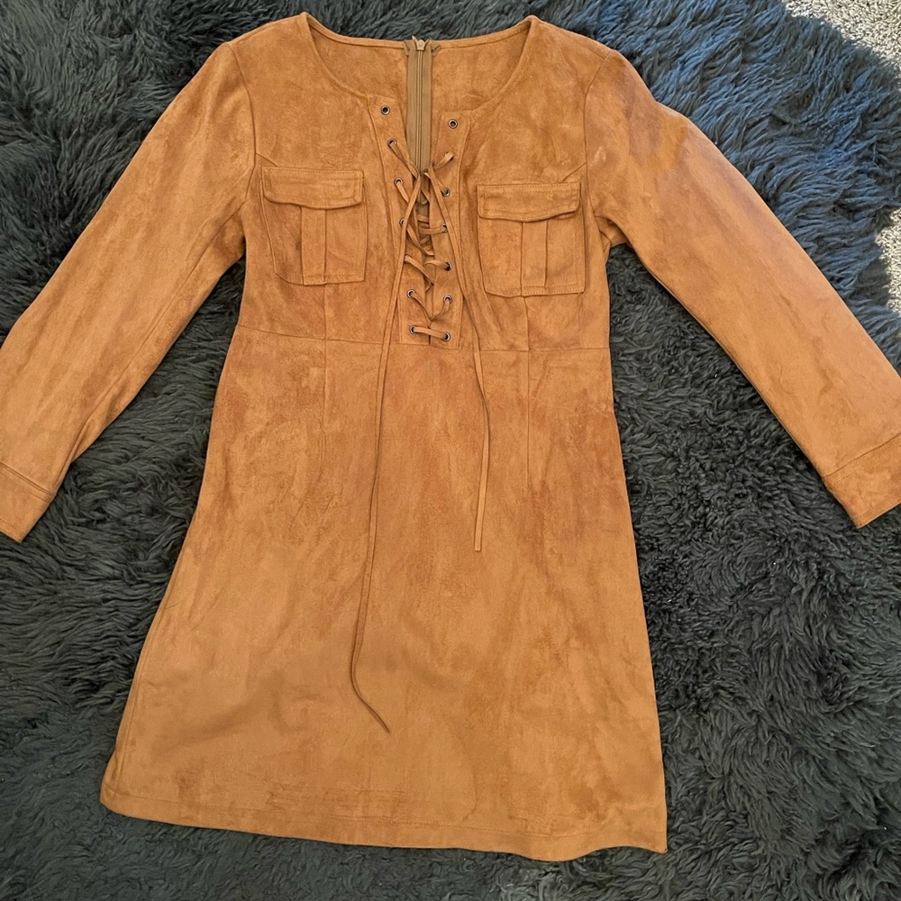 Brown Suede Lace-Up Dress